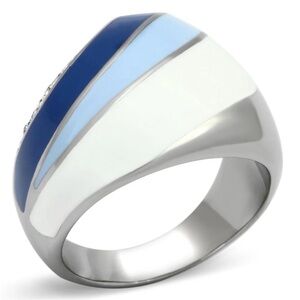Stainless Steel Silver Blue & White Enamel Ring